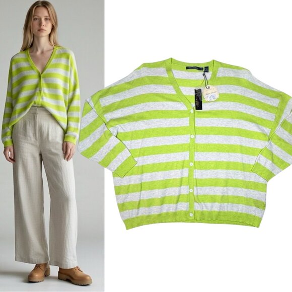 NWT Agave Denim Striped Cardigan Sz L Supima Cotton Green Oversized Boxy Preppy - Picture 1 of 11